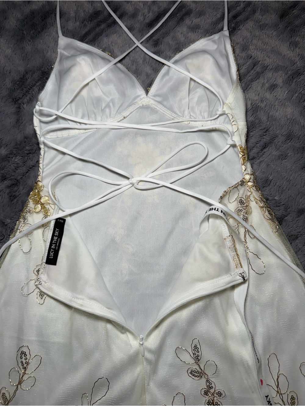 Lucy in the Sky | White & Gold Floral Embroidered Lace-Up Dress - Picture 3 of 7